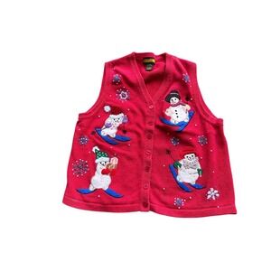 Vintage Condor Red Skiing Snowman Sweater Vest Womens Large Christmas Holiday